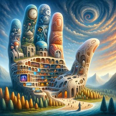 The primary subject of the image is a large, colorful hand with a clock on each finger. The hand is positioned in front of a building, which appears to be a house with a clock on each side. The setting is a cityscape, with a clock tower visible in the background. The visual style is a combination of digital art and illustration, creating a whimsical and imaginative scene. The colors and mood are vibrant and lively, with a sense of playfulness and creativity.